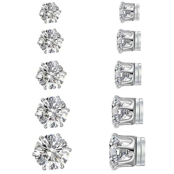 d'vine Products Other - 5 Pairs Stainless Steel Non-piercing Cubic Zirconia Stud Earrings Round Magnetic